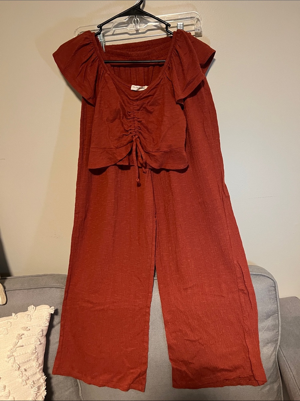 Rust Red Womens Two-Piece Ruched Top & Wide Leg Set - Unbranded